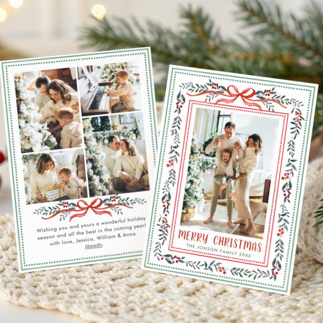 Funky Sage Green Christmas Bow Ribbon 5 Photo Holiday Card (Creator Uploaded)