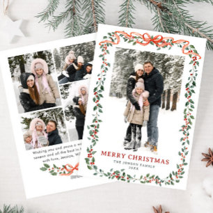 Funky Sage Green Christmas Bow Ribbon 5 Photo Holiday Card