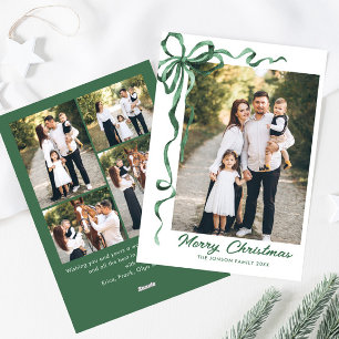 Funky Sage Green Christmas Bow Ribbon 5 Photo Holiday Card