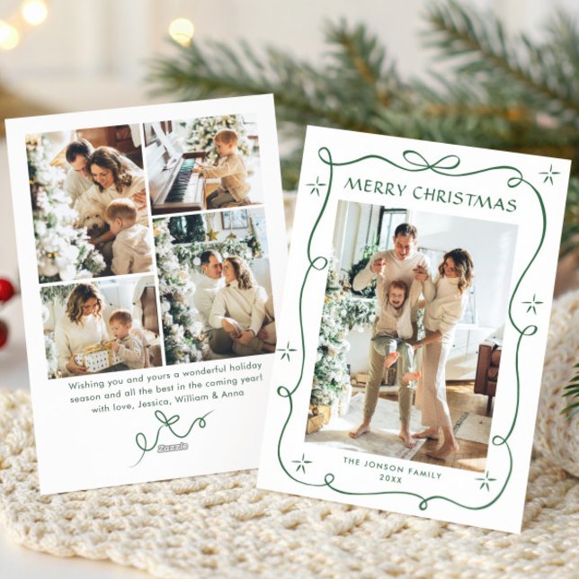 Funky Sage Green Christmas Bow Ribbon 5 Photo Holiday Card (Creator Uploaded)