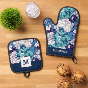 Funky Seashell Pattern Oven Mitt & Pot Holder Set