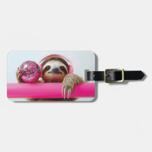 Funky Sloth with Pink Headphones and Disco Ball Luggage Tag