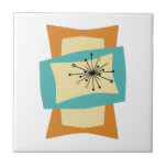 Funky Squeezed Rectangles Mid Century Modern Tile<br><div class="desc">This funky mid century modern ceramic tile features squeezed and stretched rectangle shapes in the colours turquoise blue,  cream,  and orange. Starburst accents in pink,  blue,  gold,  and black highlight the design. Add that funky retro accent to your tiling project!</div>