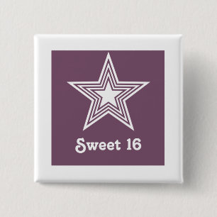 Funky Star Sweet 16 Button, Purple 15 Cm Square Badge