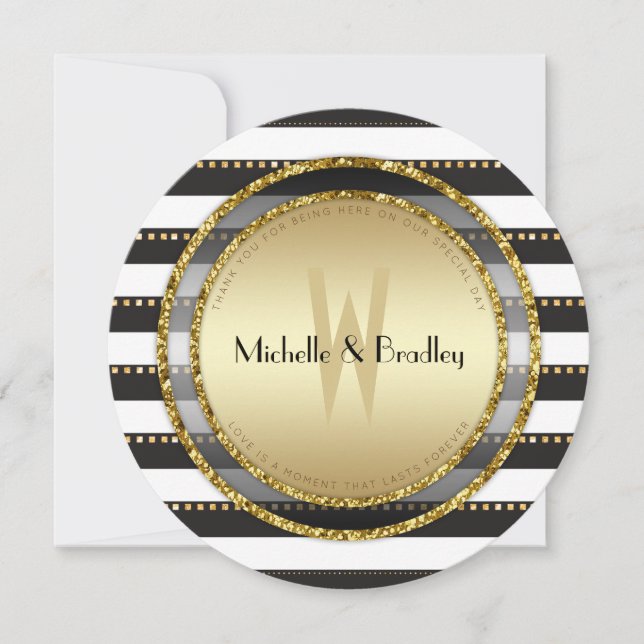 Funky Stripes Black White & Gold Round Wedding Invitation (Front)