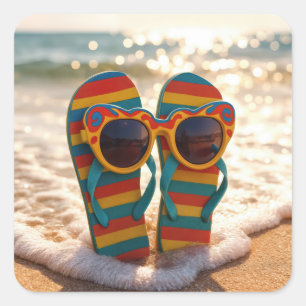 Funky Sunglasses On Flip-flops In Ocean Surf  Square Sticker