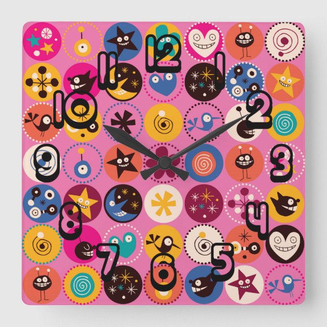 Funky Trendy Retro Abstract Pattern Square Wall Clock (Front)