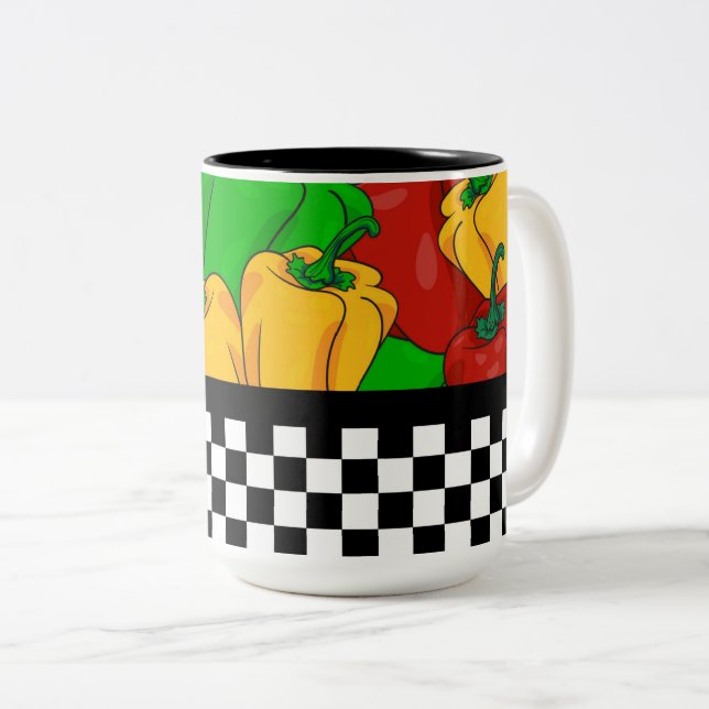 Funky Tri Coloured Peppers and Chequerboard  Two-Tone Coffee Mug (Front Right)