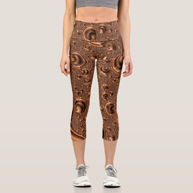 Funky Trippy Spiralling Orange Black Fractal Art Capri Leggings (Front)