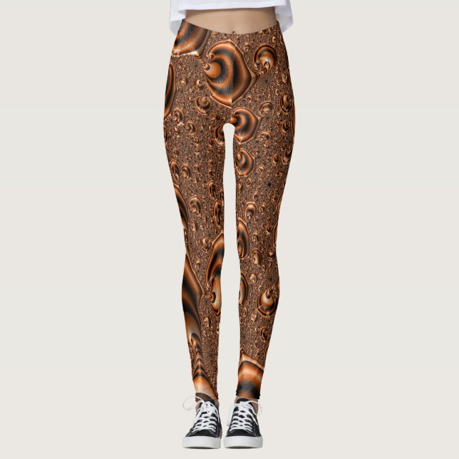 Funky Trippy Spiralling Orange Black Fractal Art Leggings (Front)