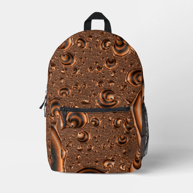 Funky Trippy Spiralling Orange Black Fractal Art Printed Backpack (Front)