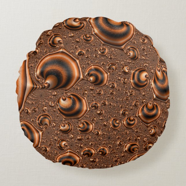 Funky Trippy Spiralling Orange Black Fractal Art Round Cushion (Front)
