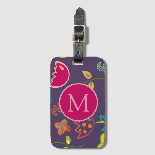 Funky Tulip Pattern Purple Monogram Luggage Tag (Front Vertical)