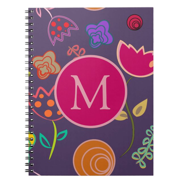 Funky Tulip Pattern Purple Monogram Notebook (Front)