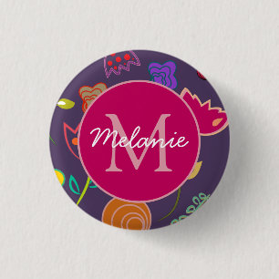 Funky Tulip Pattern Purple Monogram Personalised 3 Cm Round Badge