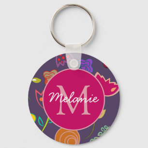 Funky Tulip Pattern Purple Monogram Personalised Key Ring