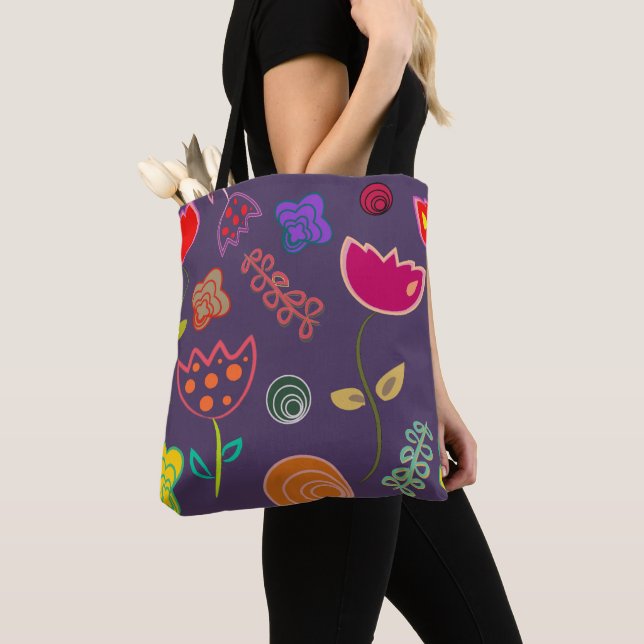 Funky Tulip Pattern Purple Tote Bag (Close Up)