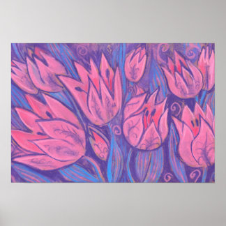 Funky Tulips Spring Flowers Floral Pastel Painting Poster