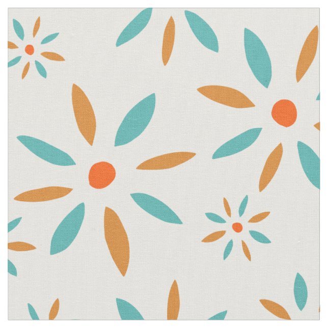 Funky Turquoise And Orange Retro Flowers Fabric (Close Up)