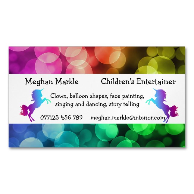 Funky unicorn rainbow kids party entertainer magnetic business card (Front)