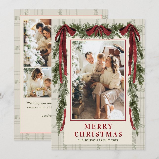 Funky Velvet Christmas Boho Red Bow 5 Photo Holiday Card (Front/Back)