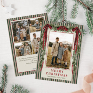 Funky Velvet Christmas Boho Red Bow 5 Photo Holiday Card