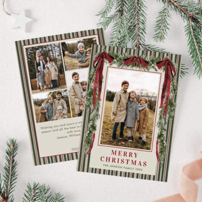 Funky Velvet Christmas Boho Red Bow 5 Photo Holiday Card (Creator Uploaded)