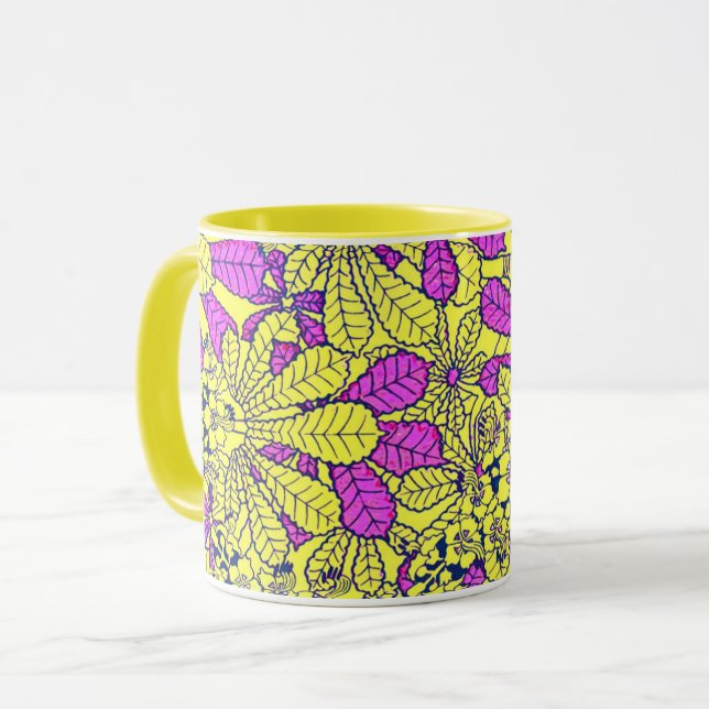 Funky Vintage Flowers Purple Yellow Mug Cup (Front Left)