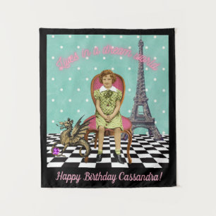Funky Vintage Girl Customisable Birthday Tapestry