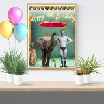 Funky Vintage Strongman 40th Birthday  Poster<br><div class="desc">Fun and funky altered art 40th birthday vignette features vintage strongman and a parasol carrying elephant photo cutouts with neon text</div>
