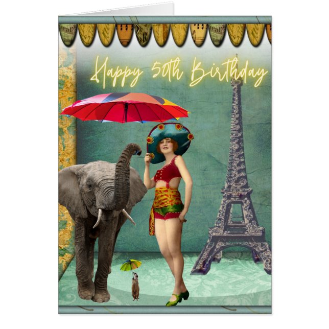 Funky Vintage Woman 50th Birthday Card (Front)