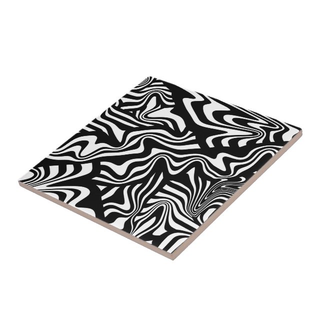 Funky Warped Black and White Abstract Line Art Tile (Side)