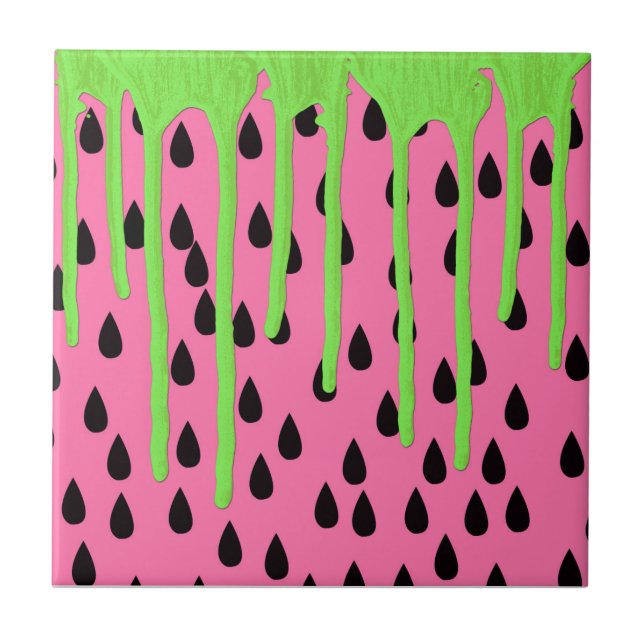Funky Watermelon Neon Green Paint Drips Tile (Front)