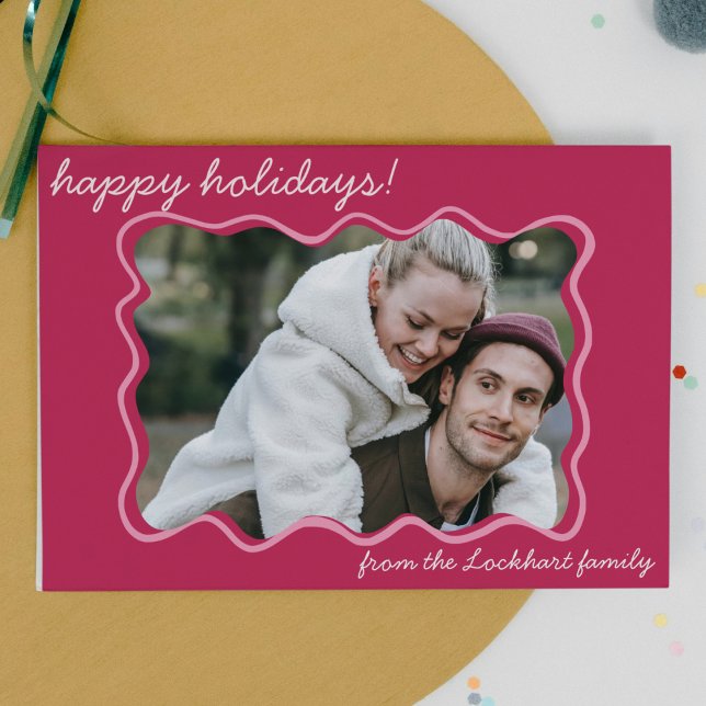 Funky Wavy Hand Drawn Whimsical Border Photo  Holiday Card (hand drawn whimsical funky quirky wavy frame photo holiday christmas card pink family photo card)