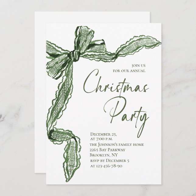 Funky Whimsical Christmas Green Bow Holiday Party Invitation (Front/Back)