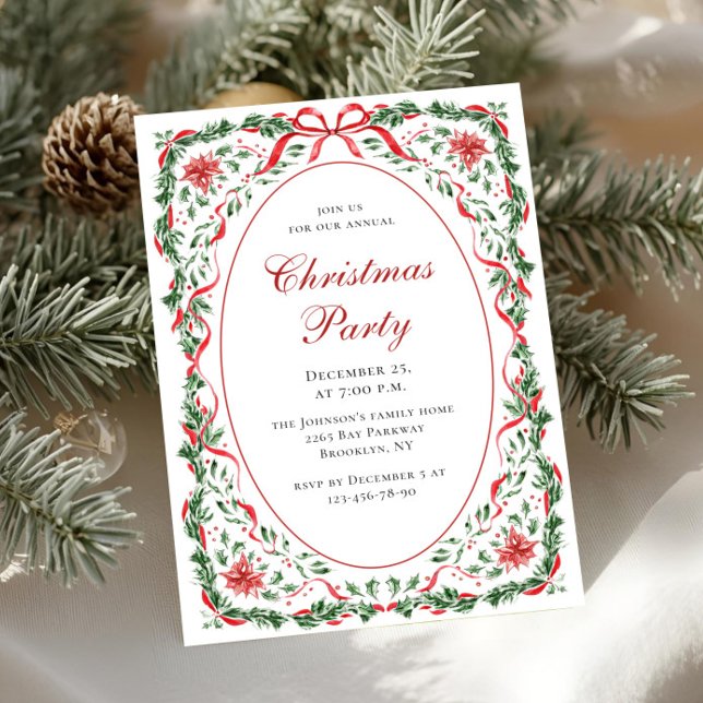 Funky Whimsical Christmas Red Bow Holiday Party Invitation (Creator Uploaded)