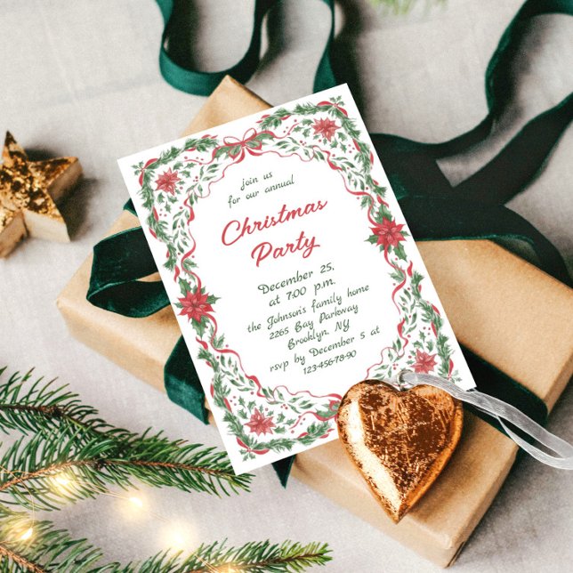 Funky Whimsical Christmas Red Bow Holiday Party Invitation (Creator Uploaded)