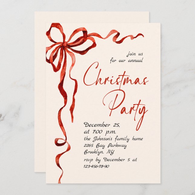 Funky Whimsical Christmas Red Bow Holiday Party Invitation (Front/Back)