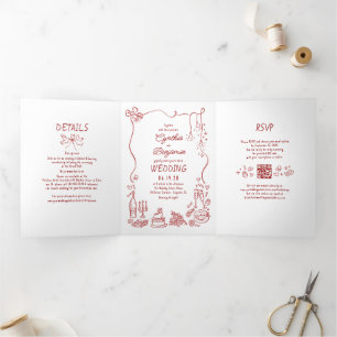 Funky Whimsical Doodles Modern Red Wedding Photo Tri-Fold Invitation