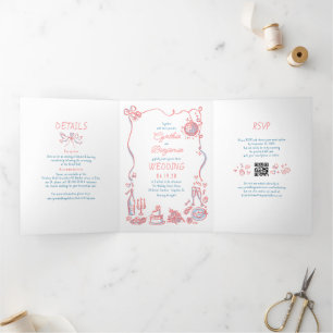 Funky Whimsical Doodles Modern Wedding Photo Tri-Fold Invitation