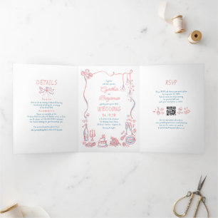 Funky Whimsical Doodles Modern Wedding Photo Tri-Fold Invitation