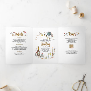 Funky Whimsical Doodles Modern Wedding Photo Tri-Fold Invitation