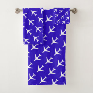 Funky White Plane Blue Background Pilot Aviation Bath Towel Set