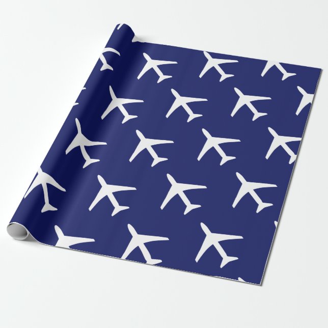 Funky White Plane Blue Background Pilot Aviation Wrapping Paper (Unrolled)
