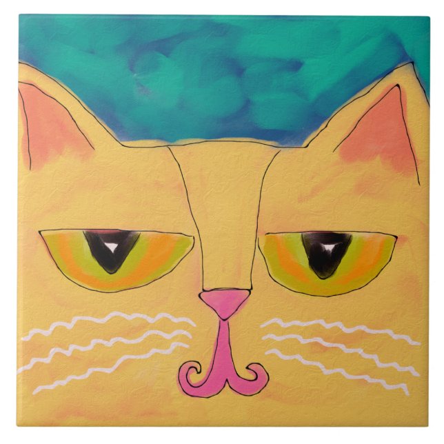Funky Yellow Cat Abstract Painting Tile (Front)