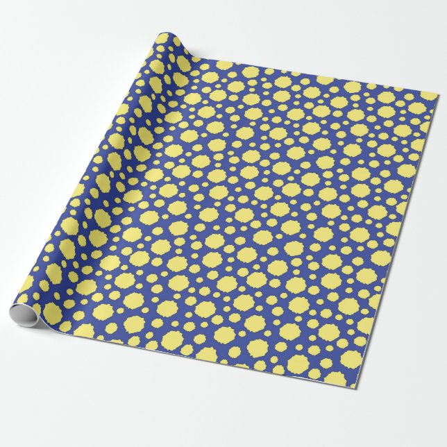 Funky yellow circles on blue wrapping paper (Unrolled)