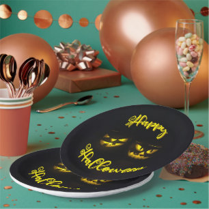 Funky yellows Happy Halloween text & pumpkin face  Paper Plate