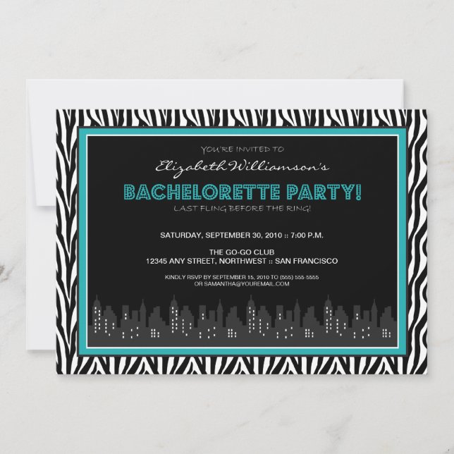 Funky Zebra Bachelorette Party Invitation (aqua) (Front)