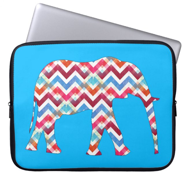 Funky Zigzag Chevron Elephant on Teal Blue Laptop Sleeve (Front)