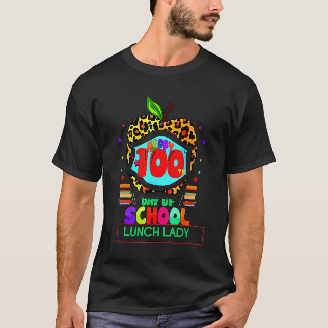 Funny 100 Days Of School Lunch Lady Leopard Apple  T-Shirt (Front)